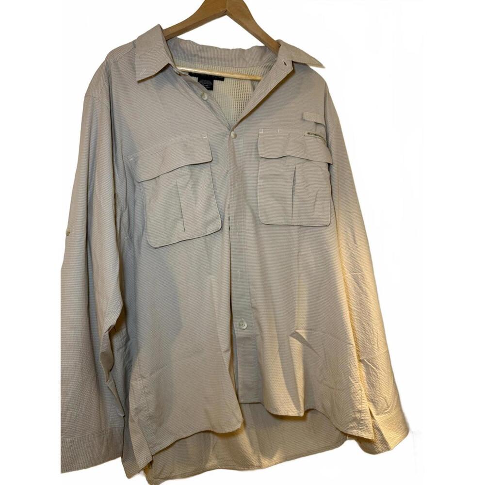 ExOfficio Mens XL Travel Double Pocket Collared Button Down Shirt Beige Plaid